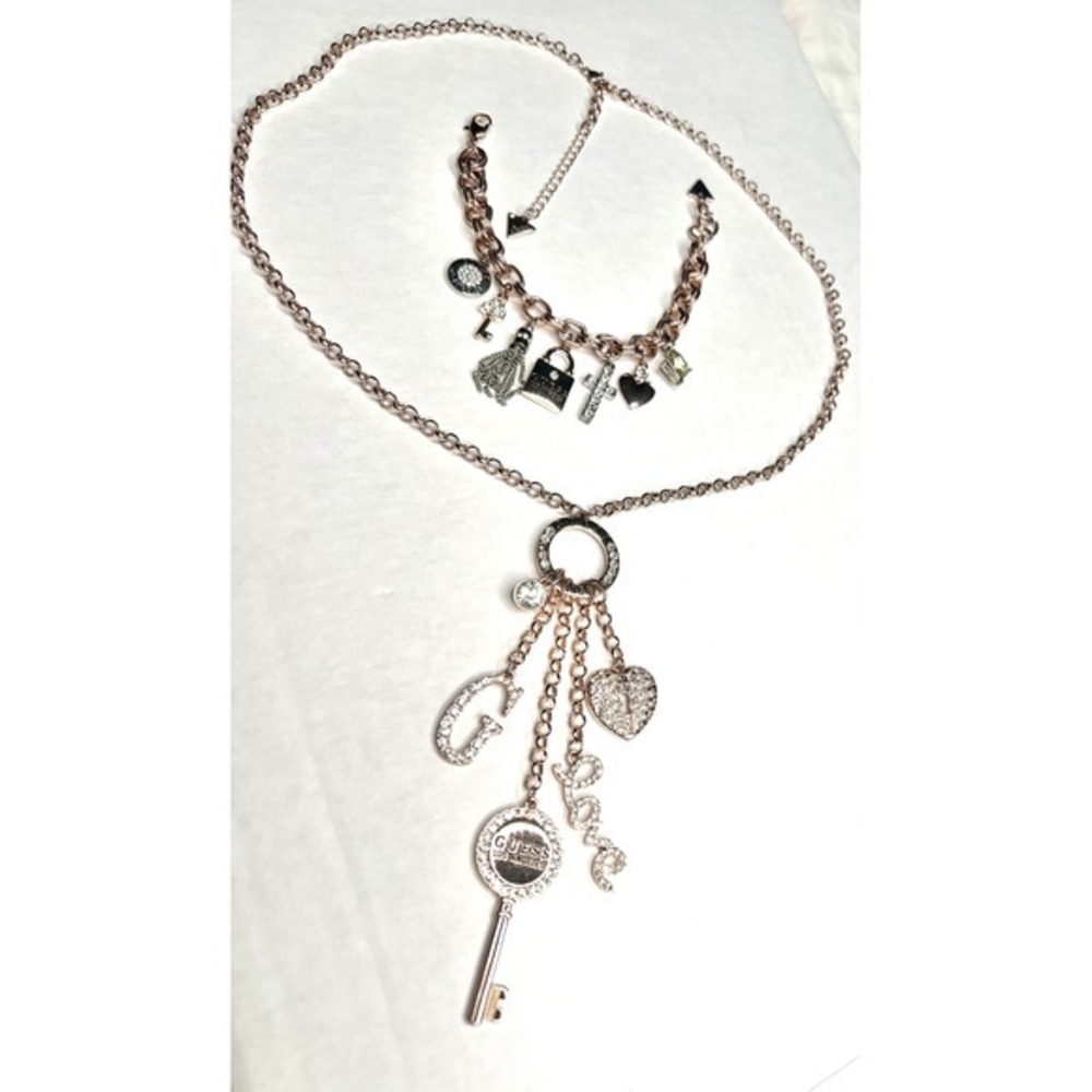 Guess Rose Gold Charm Necklace Bracelet Set Rhinestone Key‎ Lock Heart G Love